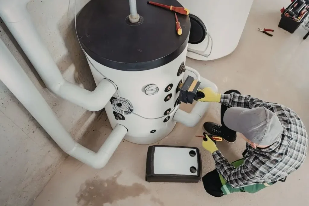 plumber repairing hot water tank